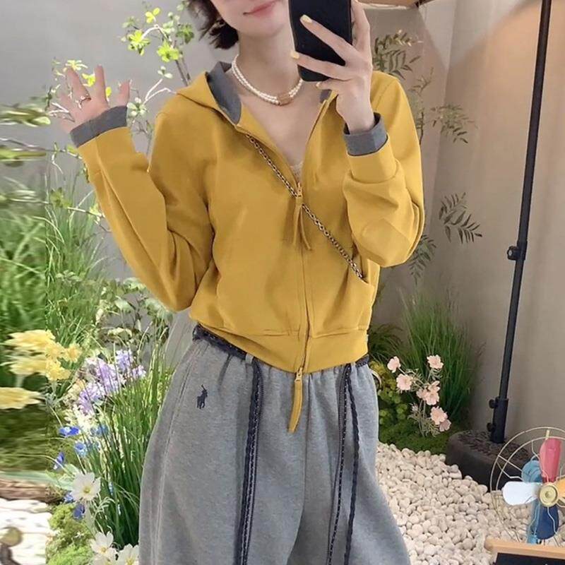 JOYIASS撞色连帽短款卫衣女春秋款2025新款爆款时尚洋气拉链开衫