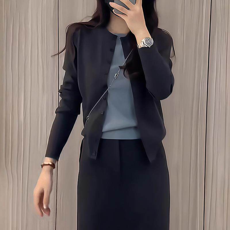 JOYIASS灰色假两件针织衫毛衣女秋冬穿搭内搭打底正肩开衫外套老