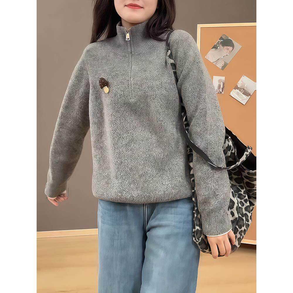 JOYIASS翻领半拉炼针织衫毛衣女2025年新款秋季韩版慵懒风半高领
