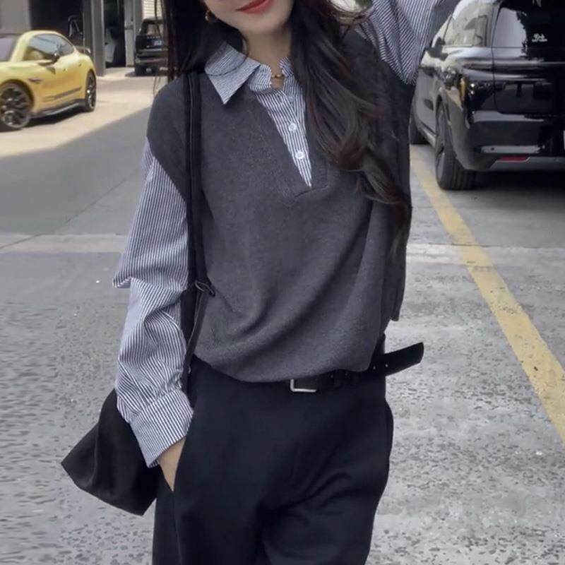 JOYIASS学院风针织拼接假两件polo领衬衫女早秋季设计感小众时尚