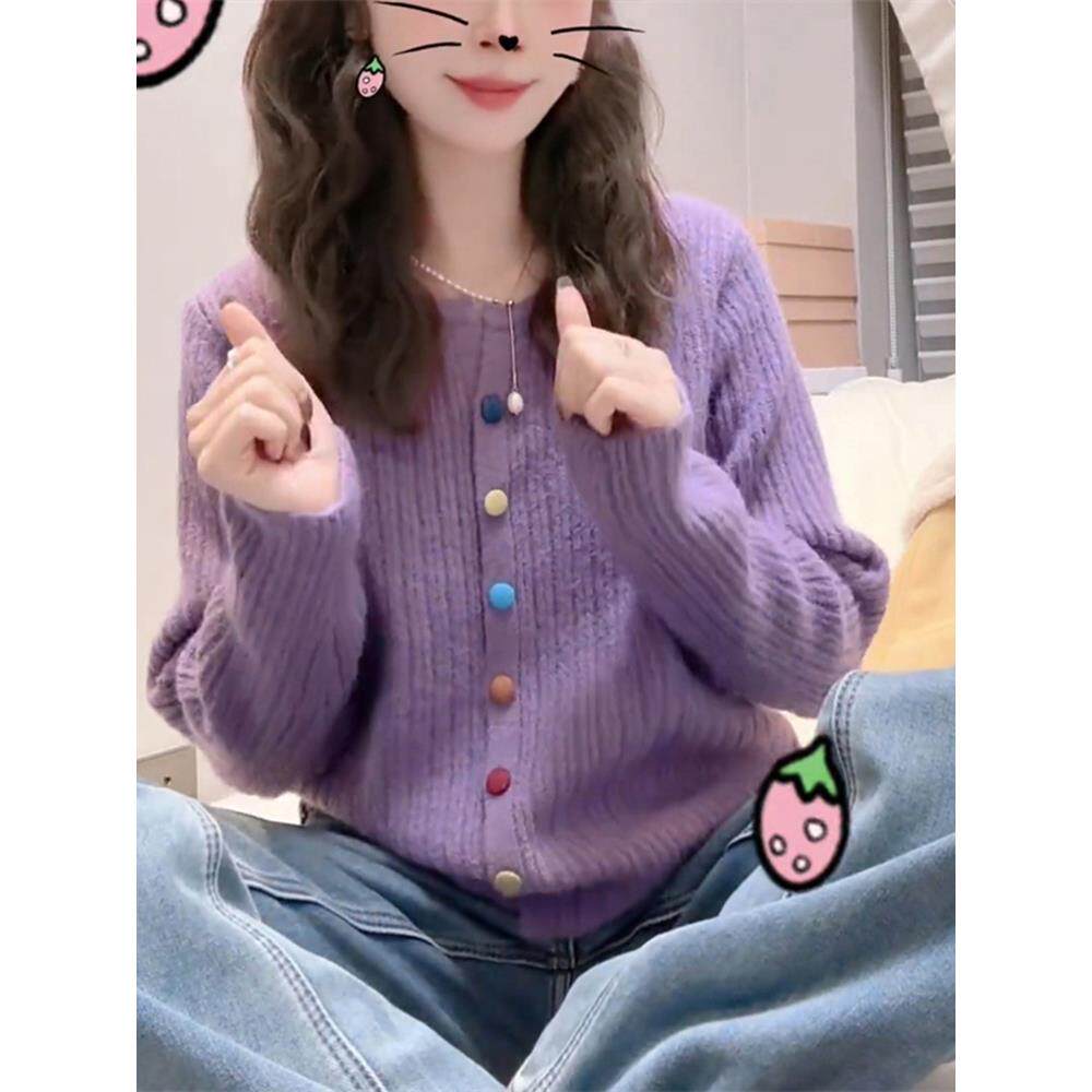 JOYIASS韩系慵懒风气质彩扣针织开衫女2025秋季新款小众软糯显瘦