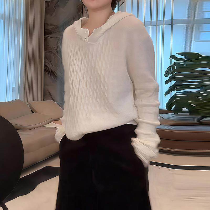 JOYIASS减龄爆款复古慵懒白色连帽毛衣女秋冬时髦软糯宽松显瘦针