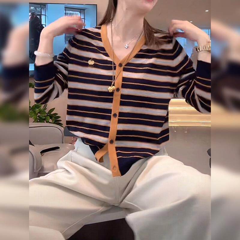 JOYIASS条纹v领长袖针织衫开衫秋装女2025新款春秋季韩系氛围感早