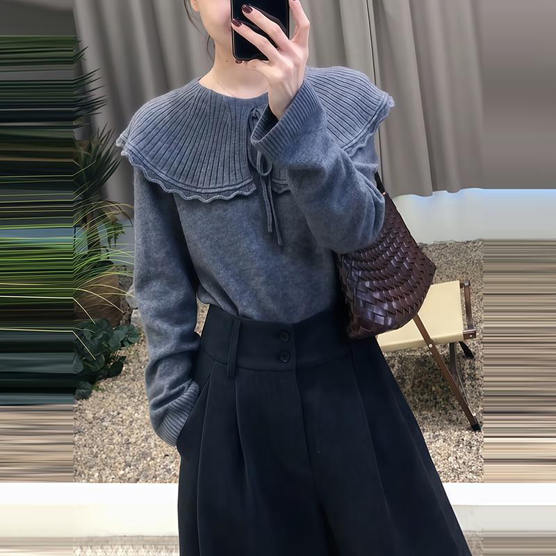 JOYIASS灰色荷叶花边系带披肩针织衫2025秋季新品女装长袖百搭设