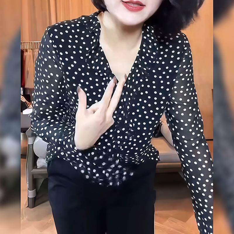 JOYIASS荷叶边V领长袖波点木耳边衬衫女新款秋通勤气质雪纺衬衣薄