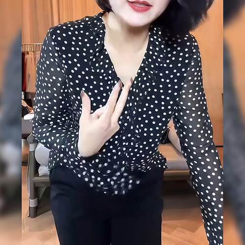 JOYIASS荷叶边V领长袖波点木耳边衬衫女新款秋通勤气质雪纺衬衣薄