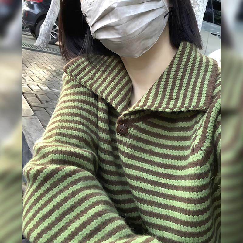 JOYIASS条纹POLO领长袖毛衣女款2025新款秋冬百搭针织衫开衫外套
