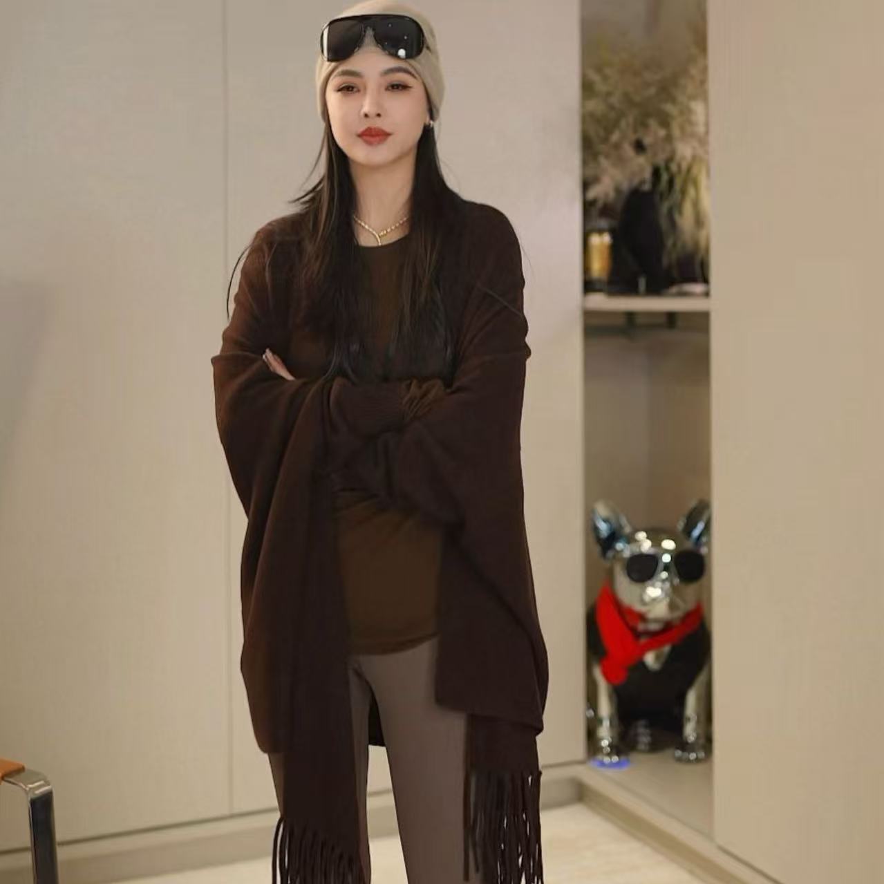 【多多还是多多】百百羊毛流苏披肩软糯外搭针织开衫式披肩JZ9562