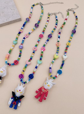 网红饰品彩虹米珠项链奥特曼吊坠笑脸锁骨链女韩版首饰品