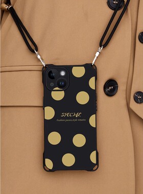 原创波点适用苹果13手机壳16挂绳黑色女iphone14pro斜跨背带简约11ins风12promax可背15挂脖xs max全包硅胶xr