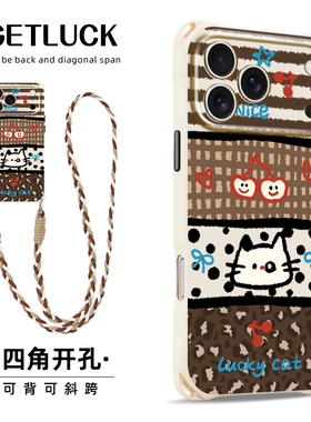 原创樱桃猫头适用苹果17promax华为mate70手机壳卡通创意pura80小众新款iphone16plus挂绳手提15pro个性防摔