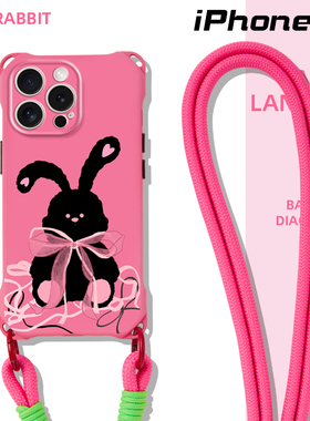 适用iphone15手机壳斜挎可背粉色硅胶iphone13挂绳挂脖新款12pro腕带链条女款11ins日韩14prmax原创卡通兔子