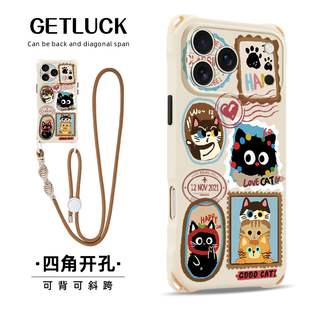原创邮票猫适用iphone15promax华为pura80手机壳卡通创意mate70小众新款苹果17air斜挎挂绳16plus手提背带14