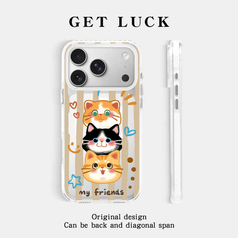 原创叠叠猫咪适用iPhone18promax手机壳透明卡通新款小众苹果17pro斜挎挂绳可手提腕带16plus透明磁吸潮流15