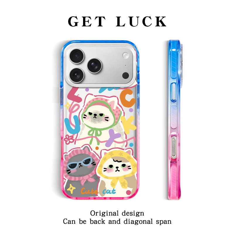 原创头巾猫猫适用iPhone18promax手机壳时尚潮流卡通创意苹果17pro斜挎挂绳小众个性16plus渐变磁吸手提腕带