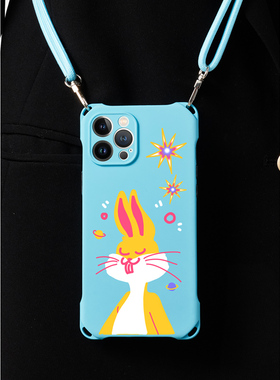 适用苹果12手机壳背带15斜跨蓝色兔子14promax可背挂脖iphone13pro带挂绳新款创意11ins风原创卡通xs ma潮xr