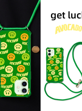 适用手机壳苹果12pro斜跨背带2021高级绿色笑脸iphone12有挂绳链条12promax韩国ins风小众xr硅胶女款潮原创