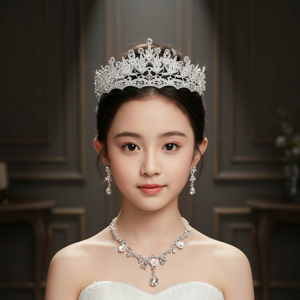 儿童皇冠头饰女童公主生日演出走秀项链耳环水晶套装礼物发箍拍照