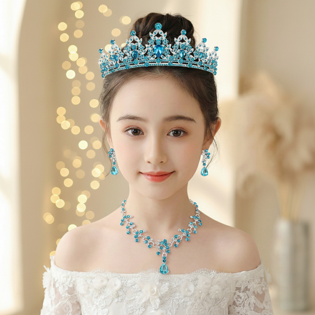 儿童首饰套装女童项链耳环高档蓝钻公主皇冠头饰花童舞台演出配饰