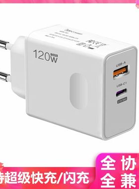 120欧规充电器圆孔圆脚欧洲旅行充电头USB+type-c接口适用三星小米华为苹果魅族超级快充/闪充110V110V英规