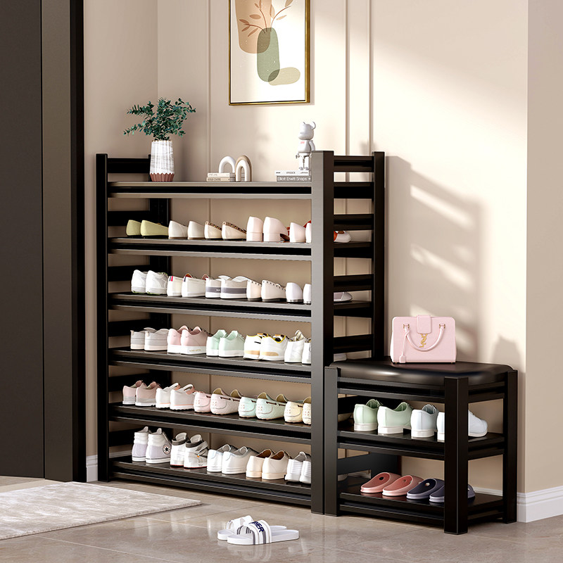 钢制鞋架子家用门口多层带换鞋凳可坐入户坐凳一体门口不锈钢鞋柜