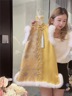日常旗袍裙马甲中式 女童新款 棉服套装 儿童秋冬季 中国风复古拜年服
