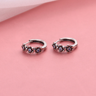 s925银蓝色花朵耳扣女秋冬复古做旧高级轻奢法式精致气质花卉耳环