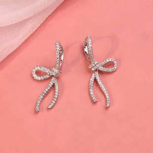 S925纯银韩系长款满钻蝴蝶结耳环精致时尚轻奢高级感方圆脸耳饰女