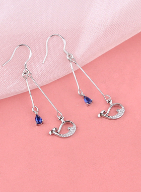 s925银镶钻森系小鲸鱼耳环女韩版蓝色水滴气质甜美长款显脸瘦耳饰