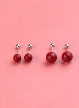 s925纯银红色朱砂耳钉女夏2024年新款潮螺丝拧扣耳环睡觉免摘耳饰