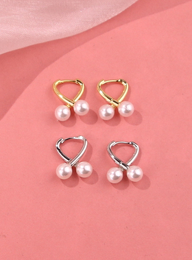 s925纯银小众设计爱心交叉珍珠耳扣耳圈极简温柔气质高级轻奢耳环