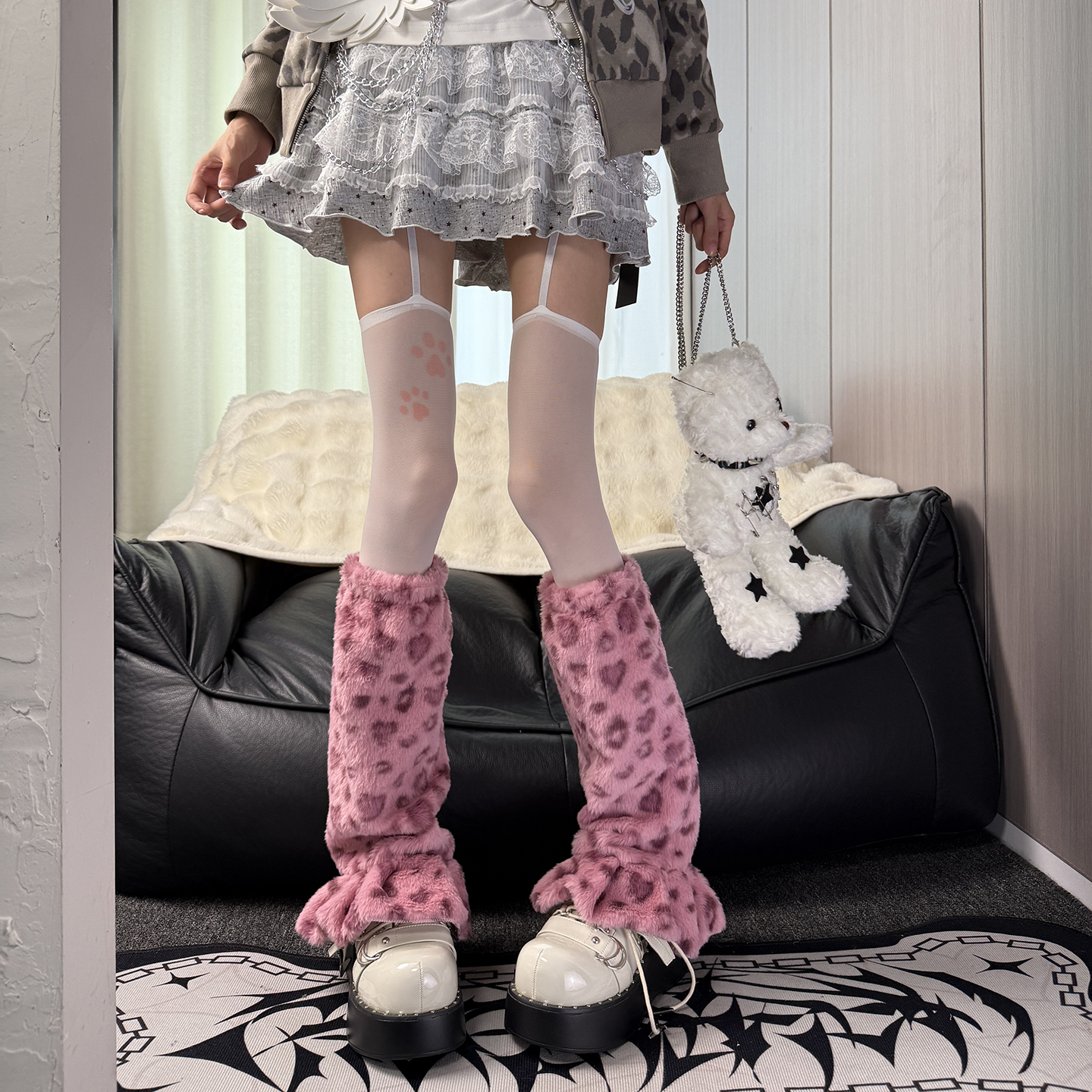粉骸契约|亚萌轻哥特y2k白猫爪印花吊带袜叠亚文化腿套千禧甜酷DF