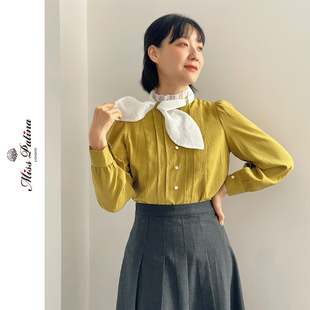 MP复古原创橄榄黄芥末色可拆卸蝴蝶结拉夫立领经典衬衫上衣春新品