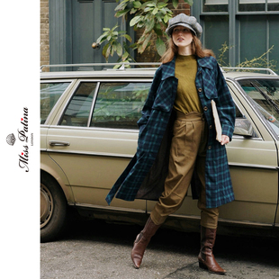 MP英伦复古学院风格子中长款风衣大衣外套+焦糖色花苞裤