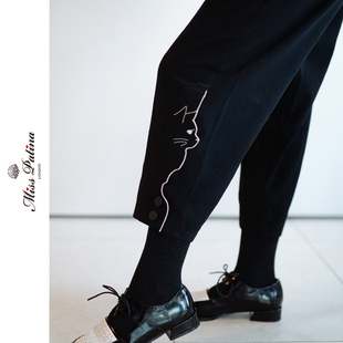MP英伦复古原创设计 剪影猫咪刺绣烟管奶奶高腰显瘦休闲萝卜裤