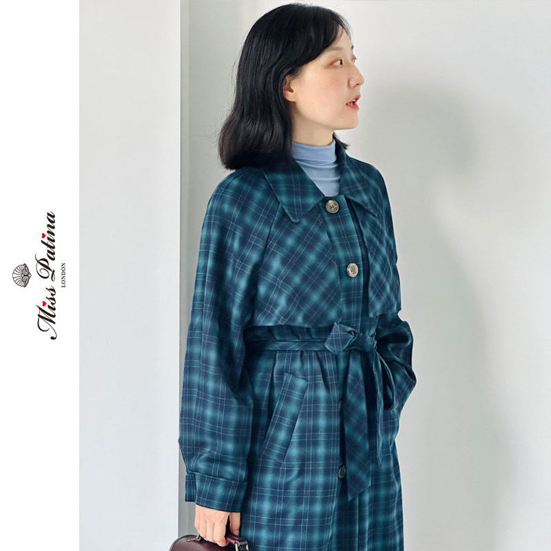 MP学院风格子中长款风衣