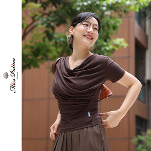 MP简约时尚荡领短袖T恤女夏季褶皱设计修身显瘦上衣