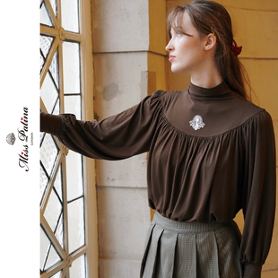 MP古典爱德华风格蕾丝猫灯笼袖莫代尔长袖上衣打底衫+格子半裙