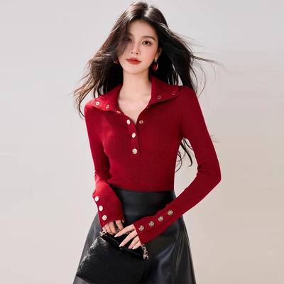 ROUMIKL红色针织内搭打底衫女士秋冬巨好看的独特别致漂亮高级感