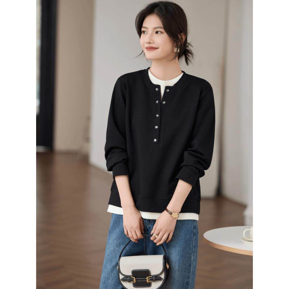 ROUMIKL黑色假两件卫衣外套女士早秋巨好看的宽松慵懒风洋气时尚