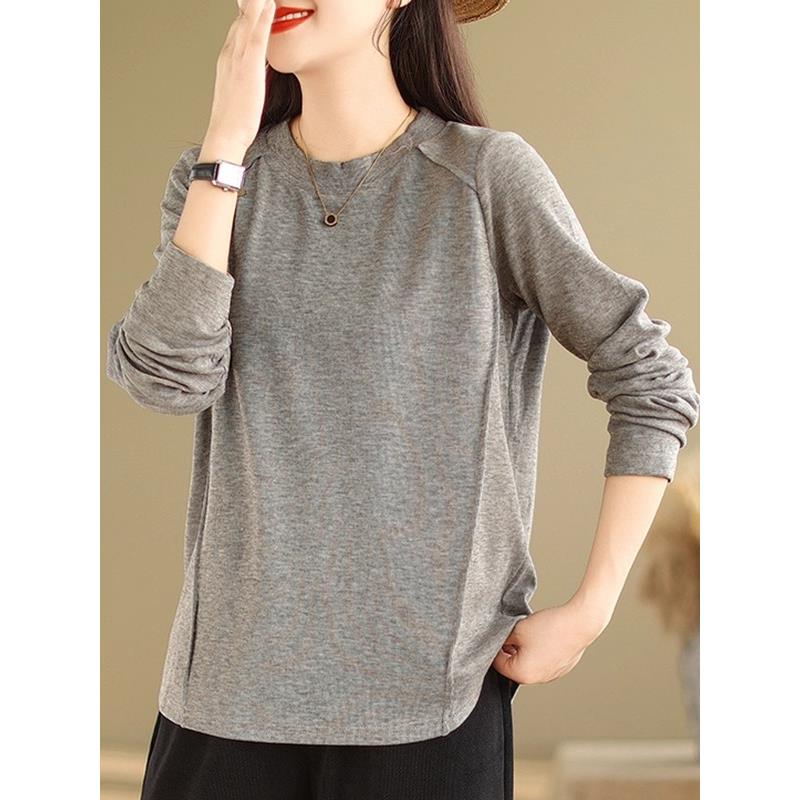 ROUMIKL灰色正肩长袖t恤女士早秋巨好看的内搭打底衫大码宽松遮肚