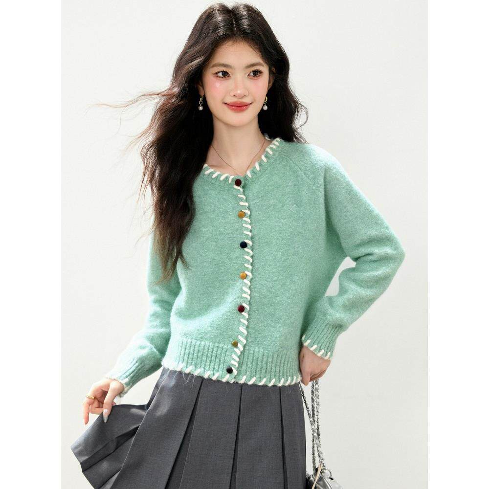 ROUMIKL高级感绿色针织开衫毛衣外套女秋冬巨好看的独特漂亮洋气