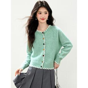 ROUMIKL高级感绿色针织开衫毛衣外套女秋冬巨好看的独特漂亮洋气