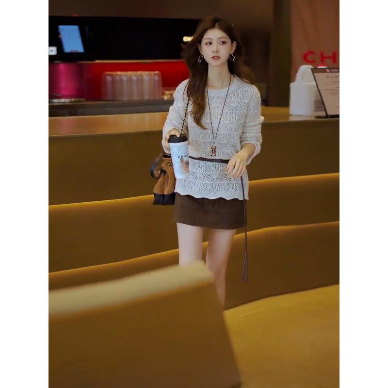 ROUMIKL小个子早秋搭配一整套女2025新款慵懒风镂空针织衫高腰短