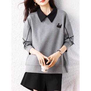 ROUMIKL灰色翻领卫衣外套女士早秋季巨好看的宽松遮肚子洋气时尚