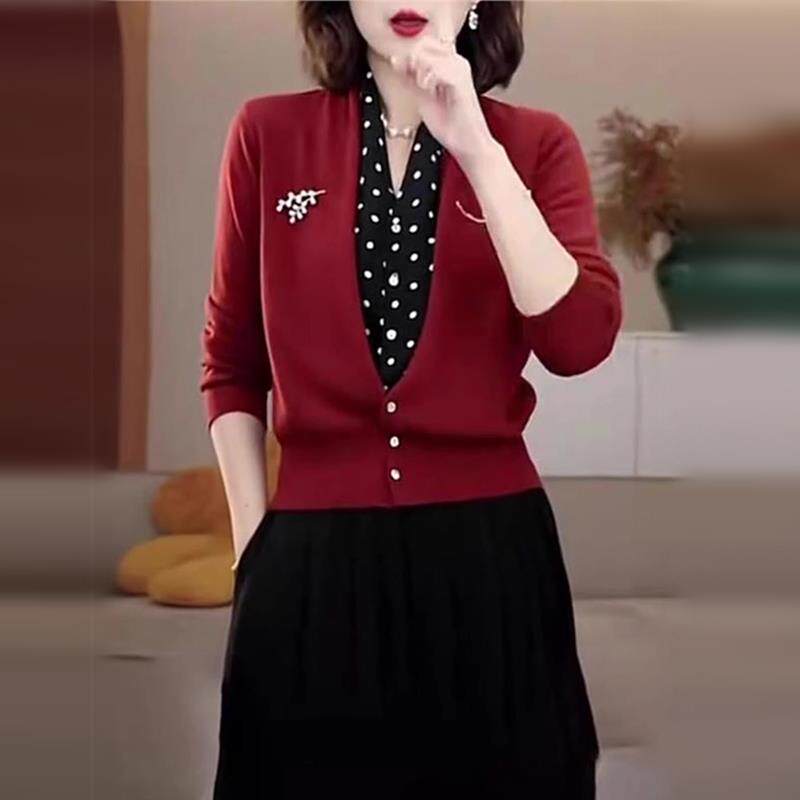 ROUMIKL轻奢高级感红色假两件针织开 衫上衣女士秋季妈妈显瘦欧货