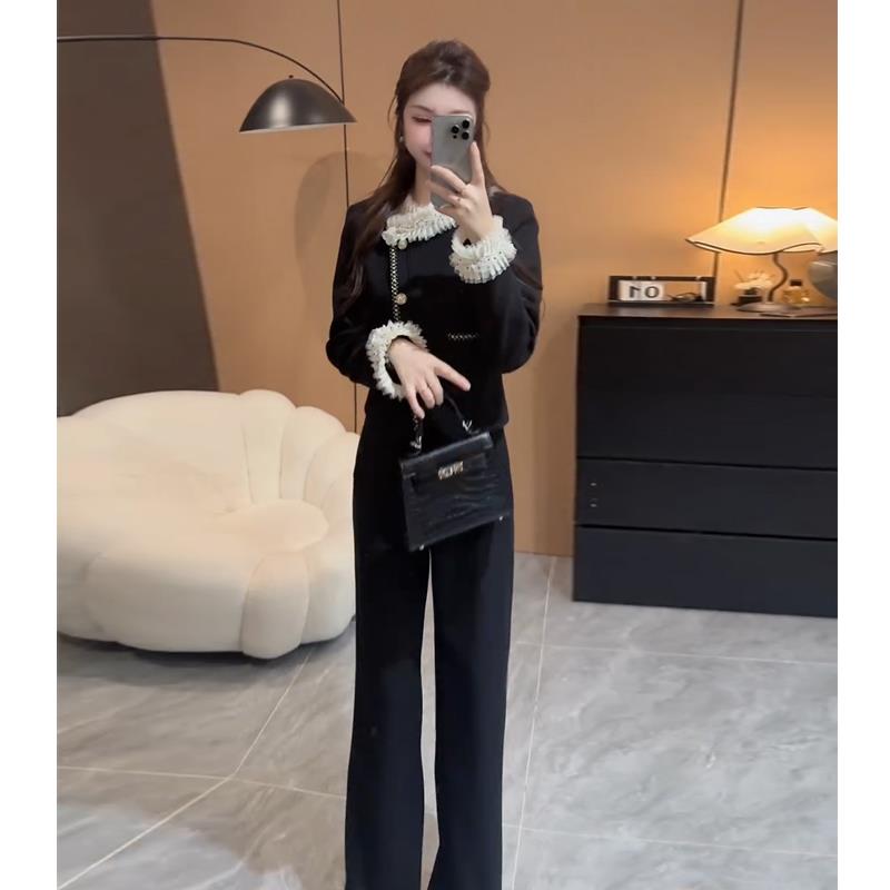 ROUMIKL大方得体穿搭一整套秋季新款小香风气质花边蕾丝外套阔腿