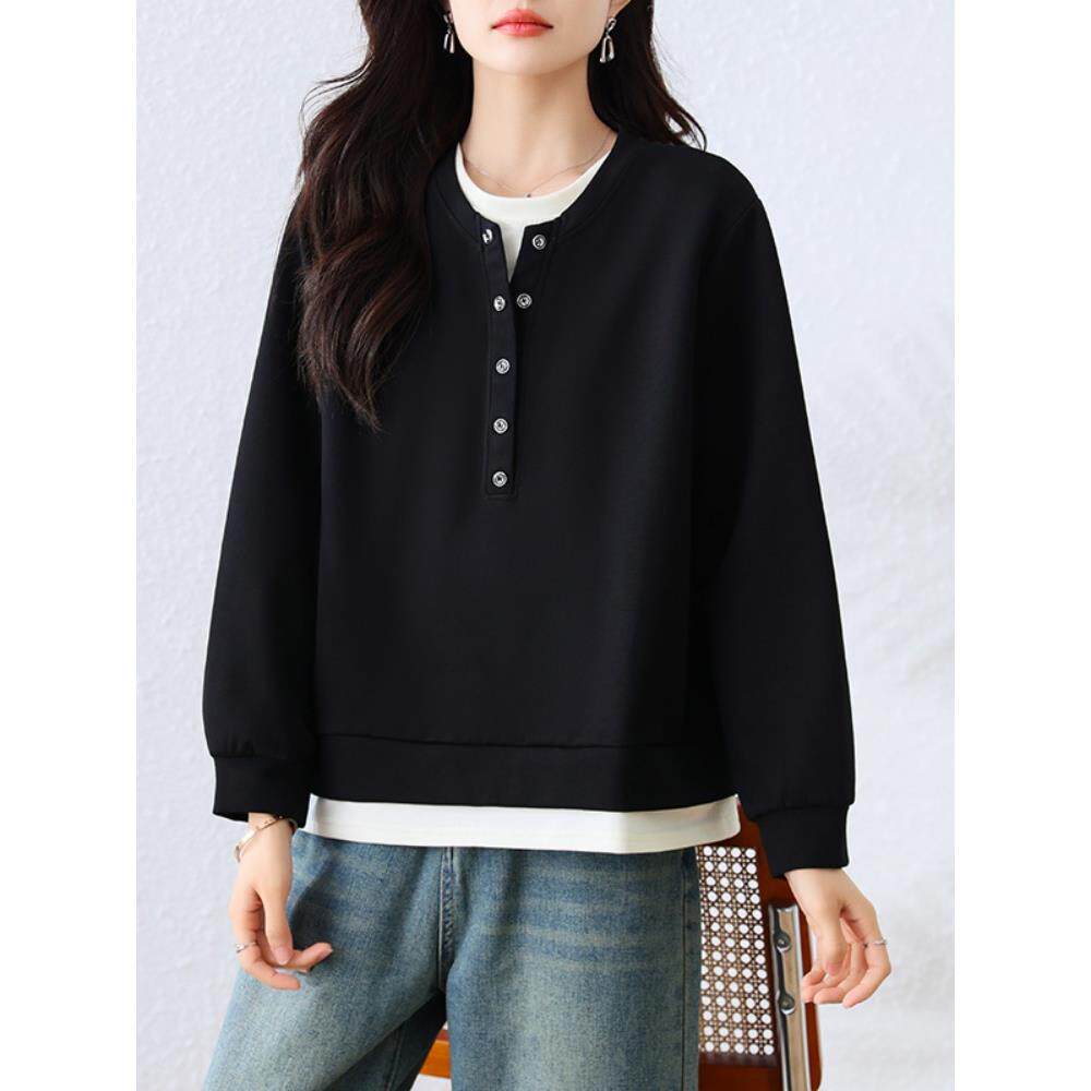 ROUMIKL假两件黑色正肩卫衣外套女士秋季巨好看的宽松慵懒风时尚