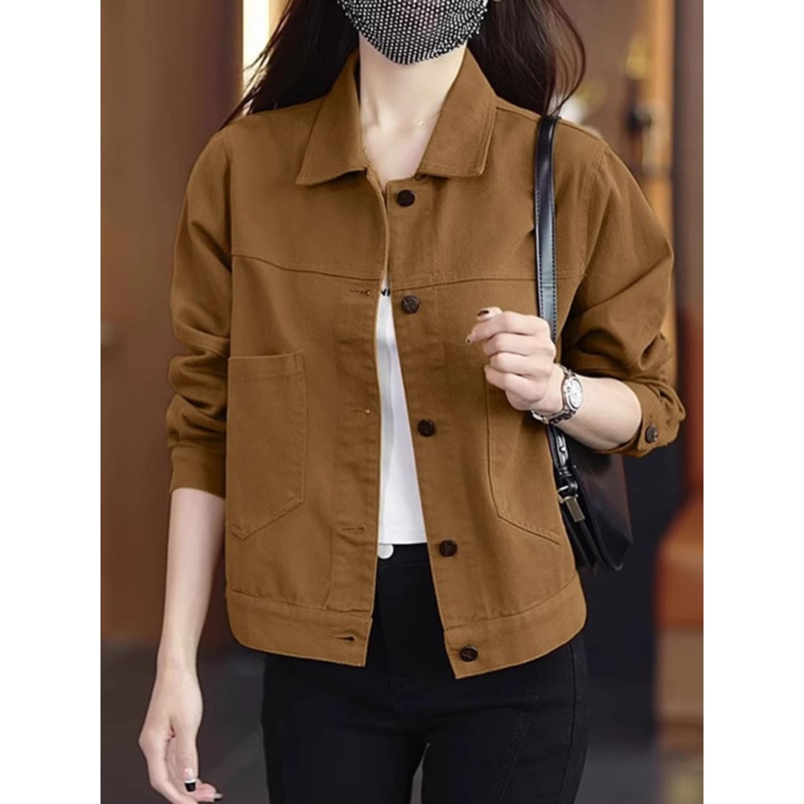 ROUMIKL加码女士早秋2025新超级热翻领牛仔夹克小短时尚的外国风