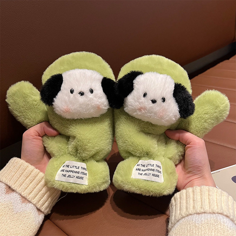 可爱帕帕狗毛绒手套女秋冬天情侣款加厚加绒骑车保暖挂脖包指学生